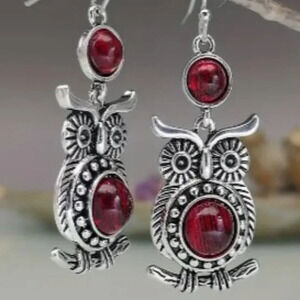 Owl-Shaped Zinc Alloy Earrings with Synthetic Gems and Mosaic Accents - Bohemian